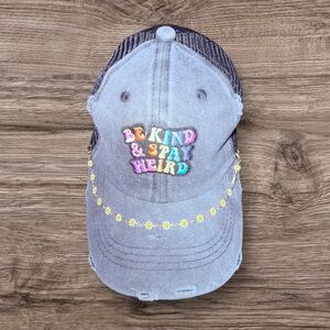 Rustic look Trucker: Charcoal Grey with sunflower hat jewelry.